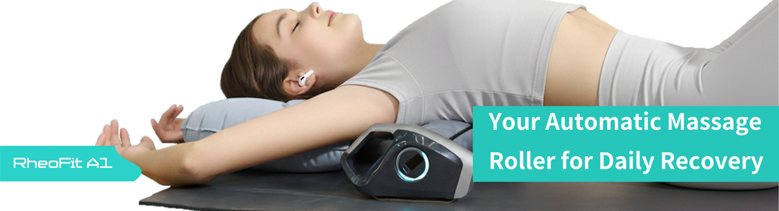 Woman using the RheoFit A1 as an electric back massage roller